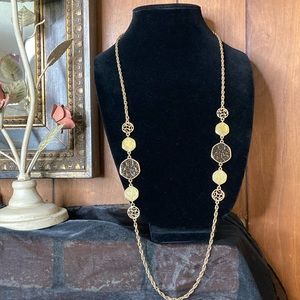 Vintage 1970s Sarah Coventry Amber Glass Disc & Gold Tone Chain Long Necklace